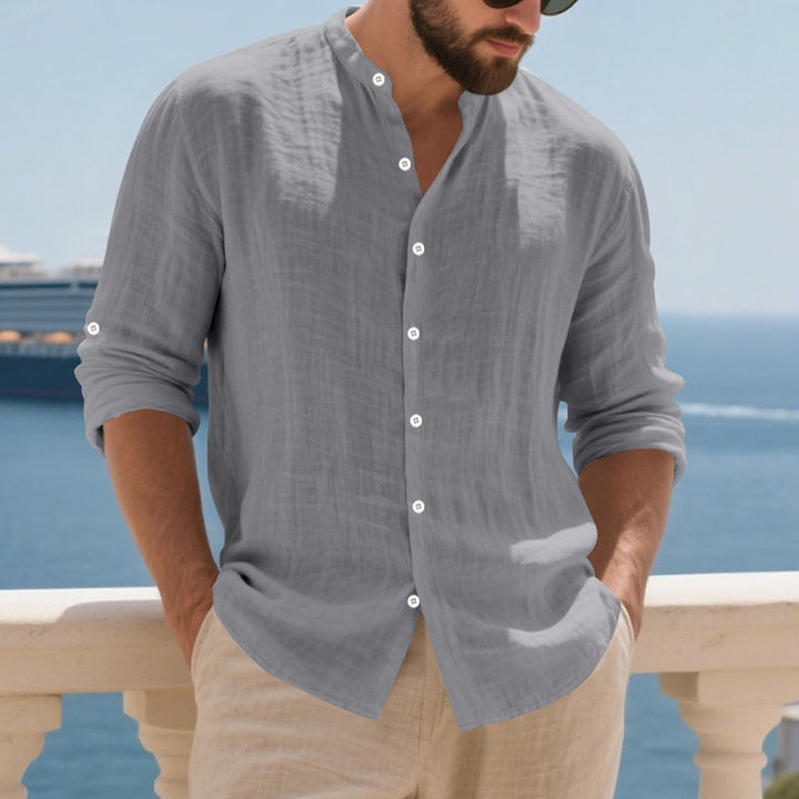 Men's relaxed long-sleeve shirt made of airy linen-cotton blend with Mandarin collar and rounded hem StylebySassy