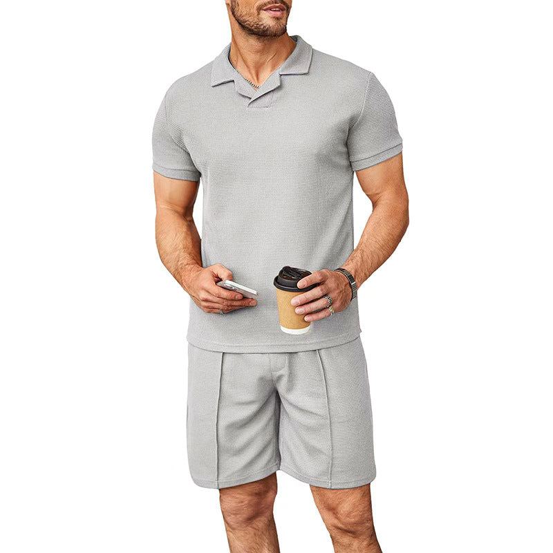 Men's two-piece leisure set made of structured cotton blend with polo shirt and straight comfort shorts StylebySassy