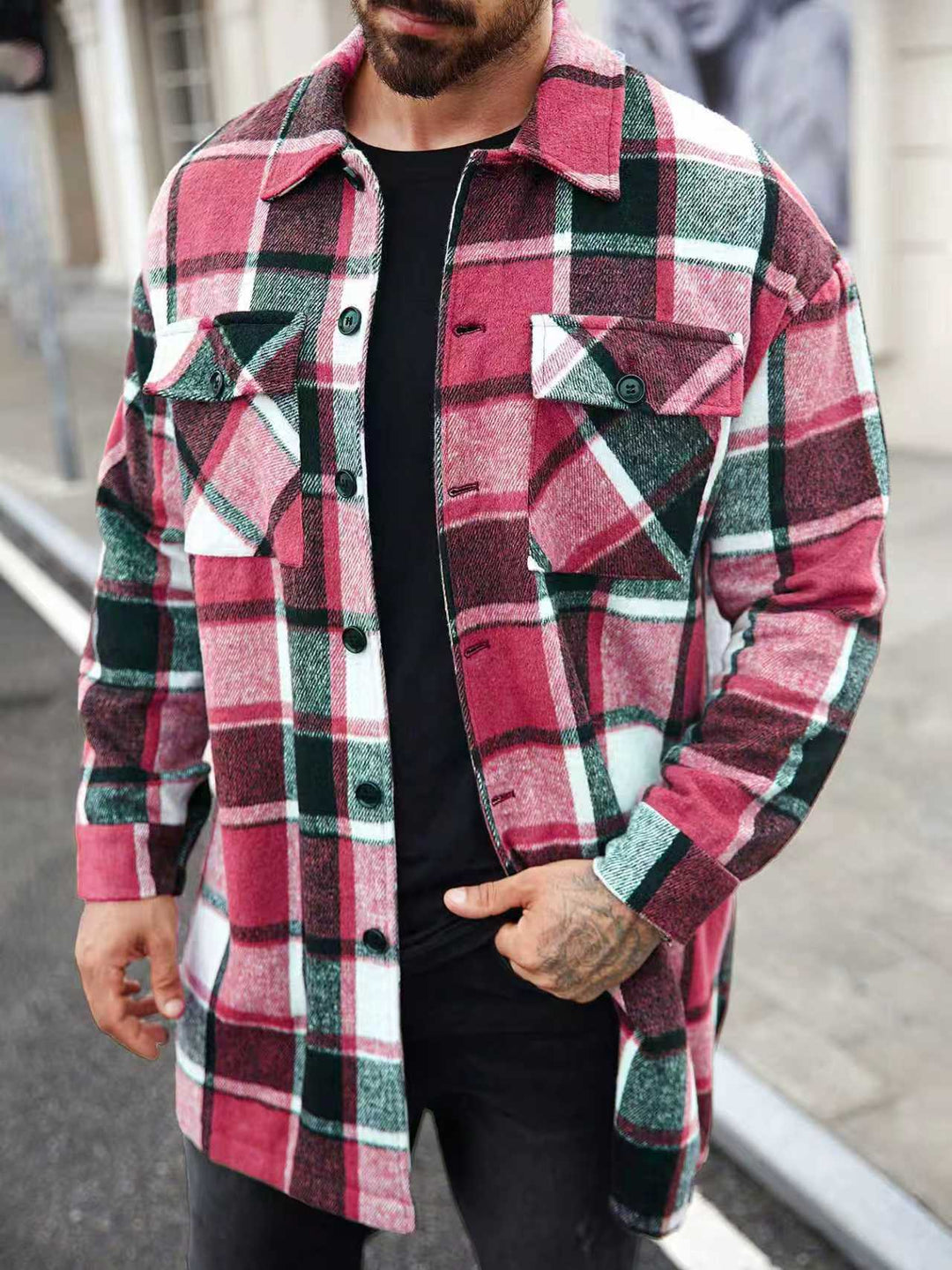 Men's checked longline overshirt with patch chest pockets and button placket StylebySassy