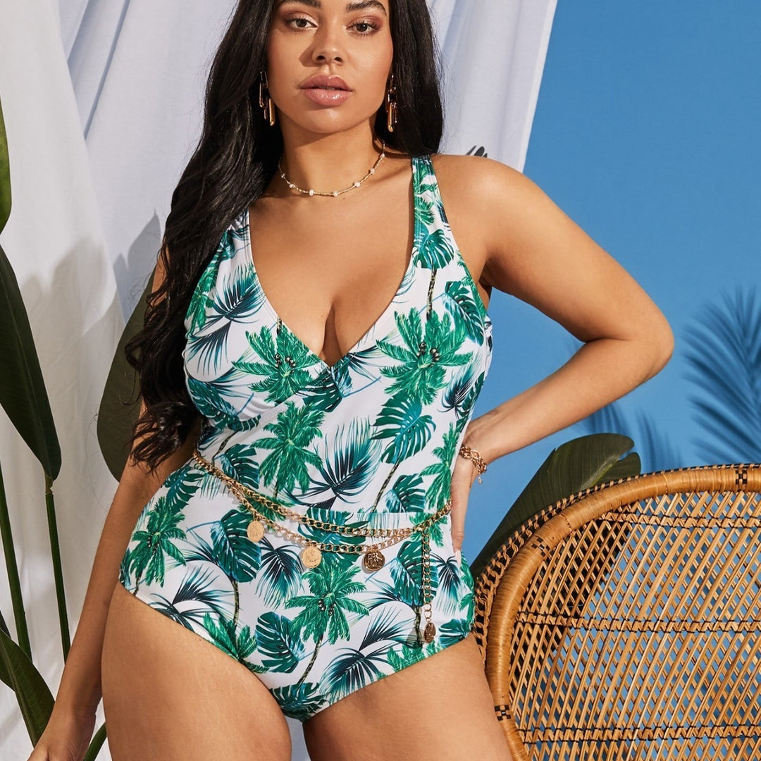 Women's One-Piece Swimsuit with Stylish Palm Print and Seductive V-Neck StylebySassy