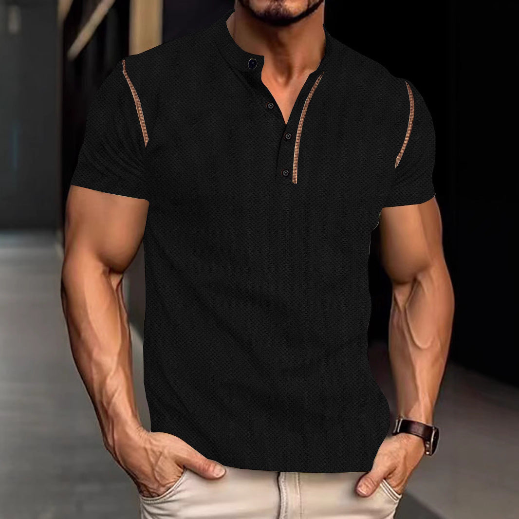 Men's tapered structured polo shirt with stand-up collar and decorative piping StylebySassy