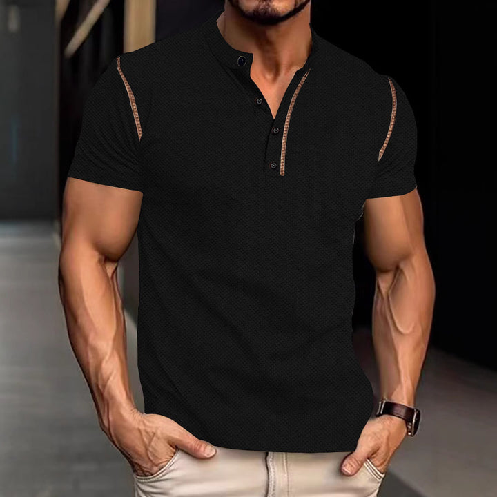 Men's tapered structured polo shirt with stand-up collar and decorative piping StylebySassy