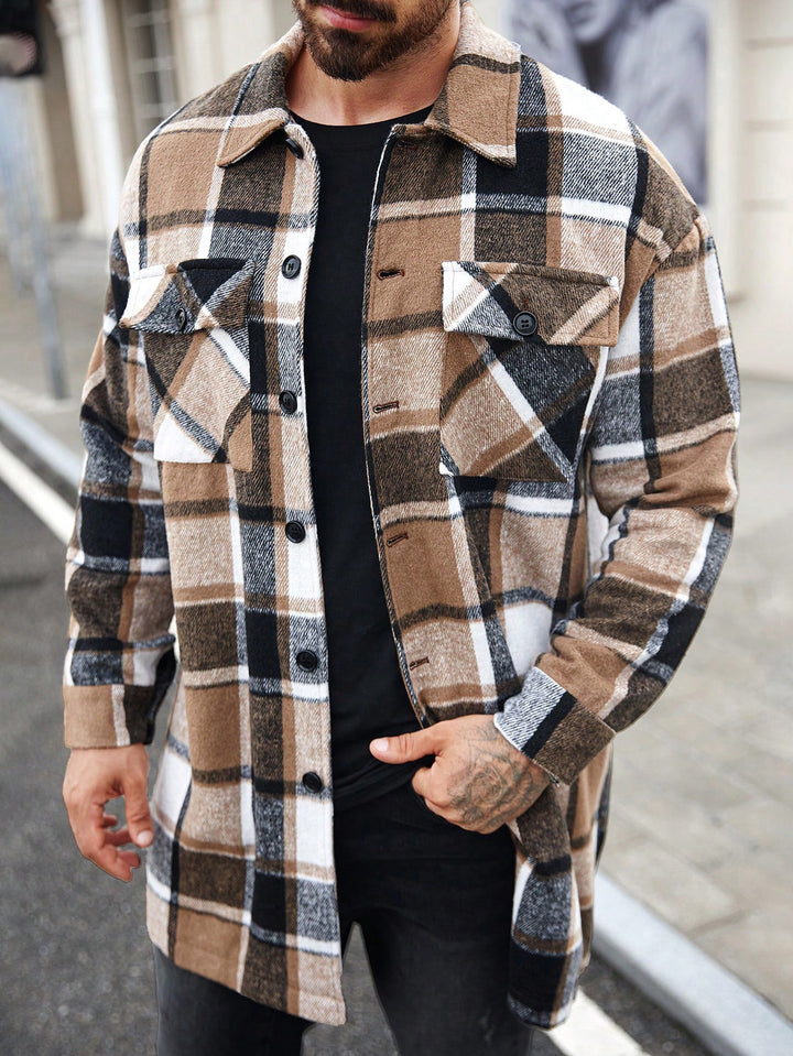 Men's checked longline overshirt with patch chest pockets and button placket StylebySassy