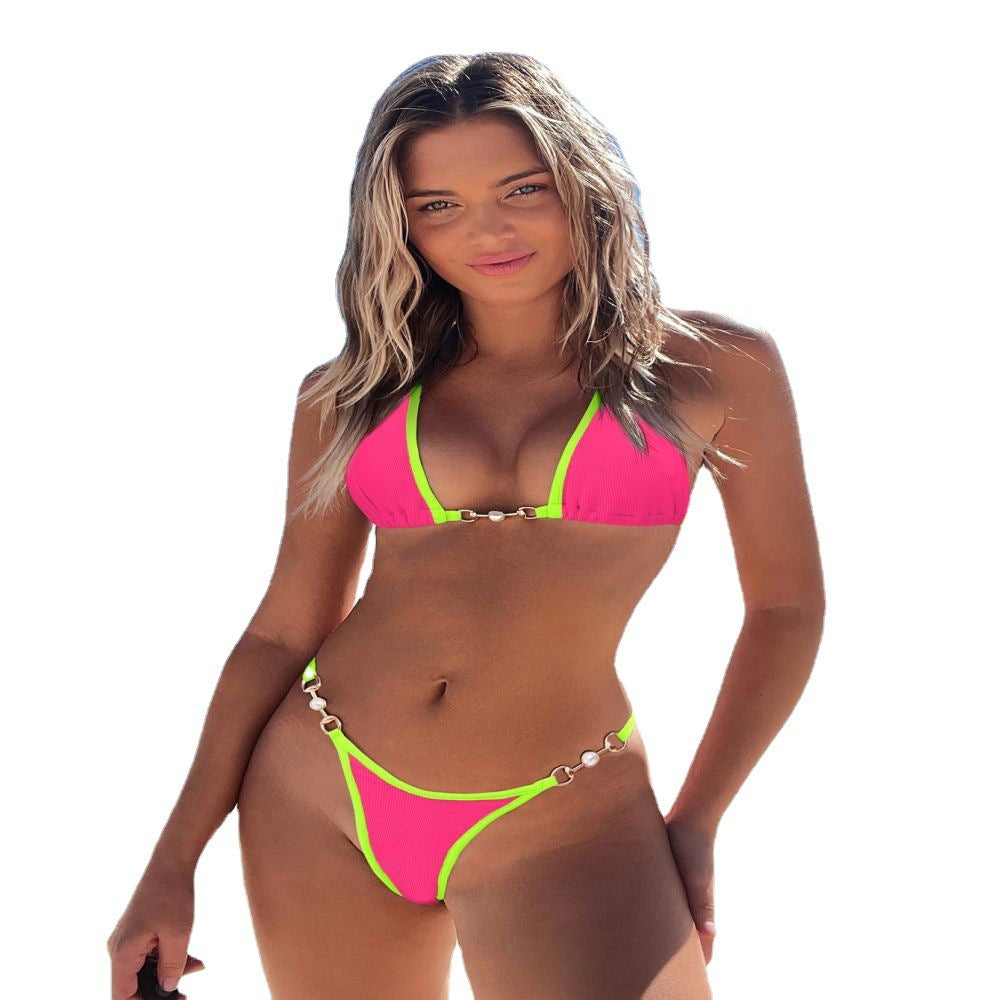 Women's triangle bikini with fashionable ribbed design and decorative elements StylebySassy