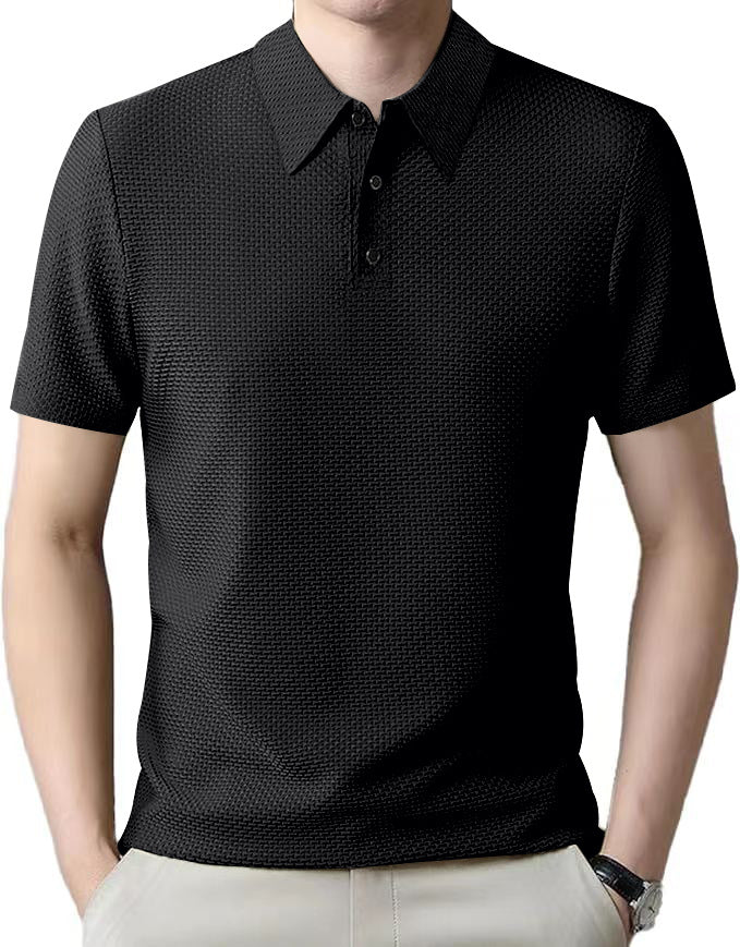 Men's nano microstructure polo shirt with shirt collar, subtle button placket, and breathable jersey StylebySassy