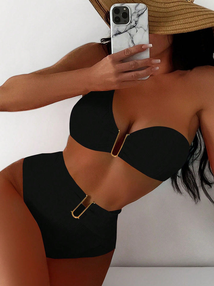Women's High-Waisted Bikini with Innovative Buckle Elements StylebySassy
