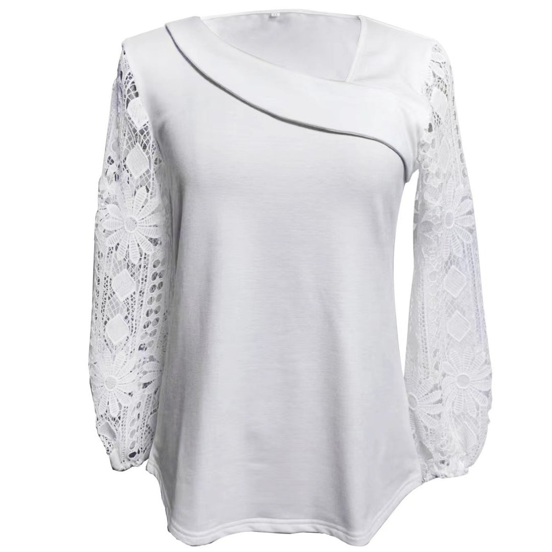 Ladies nan tunic top with asymmetrical waterfall yoke and floral lace balloon sleeves StylebySassy