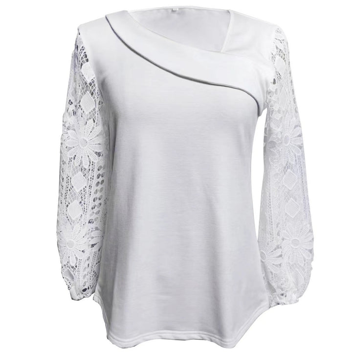 Ladies nan tunic top with asymmetrical waterfall yoke and floral lace balloon sleeves StylebySassy