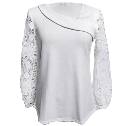 Ladies nan tunic top with asymmetrical waterfall yoke and floral lace balloon sleeves StylebySassy