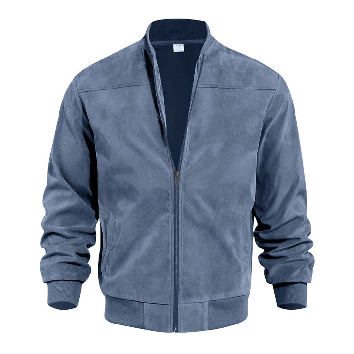 Men's faux suede bomber jacket with stand-up collar, ribbed cuffs, and side pockets StylebySassy
