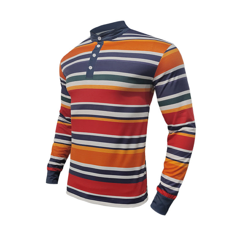 Men's striped long-sleeve Henley shirt with stand-up collar and button placket StylebySassy