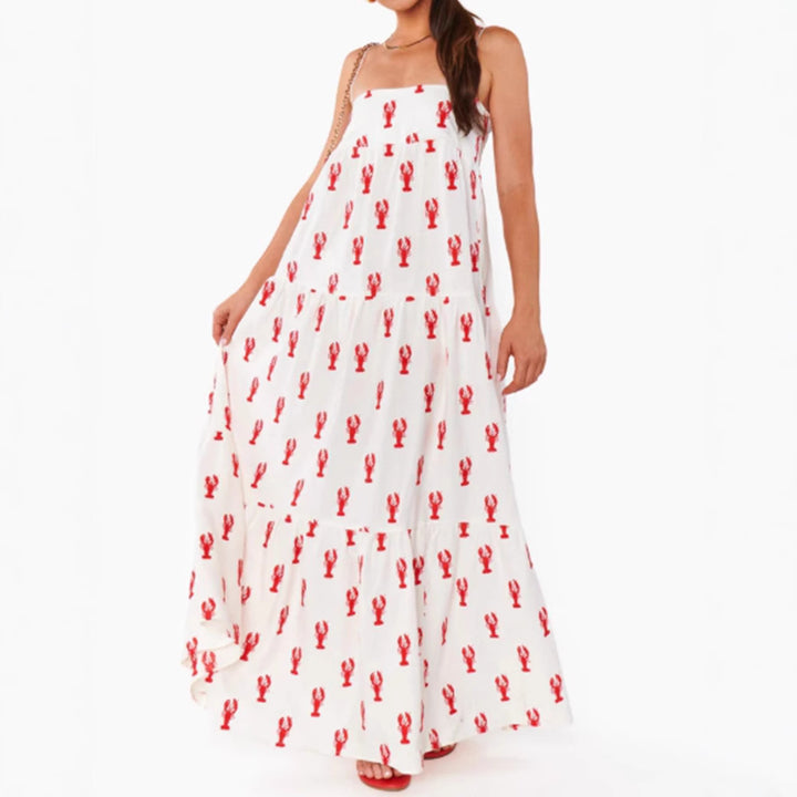 Women’s strapless tiered maxi dress with bandeau top loose A-line and maritime lobster print StylebySassy