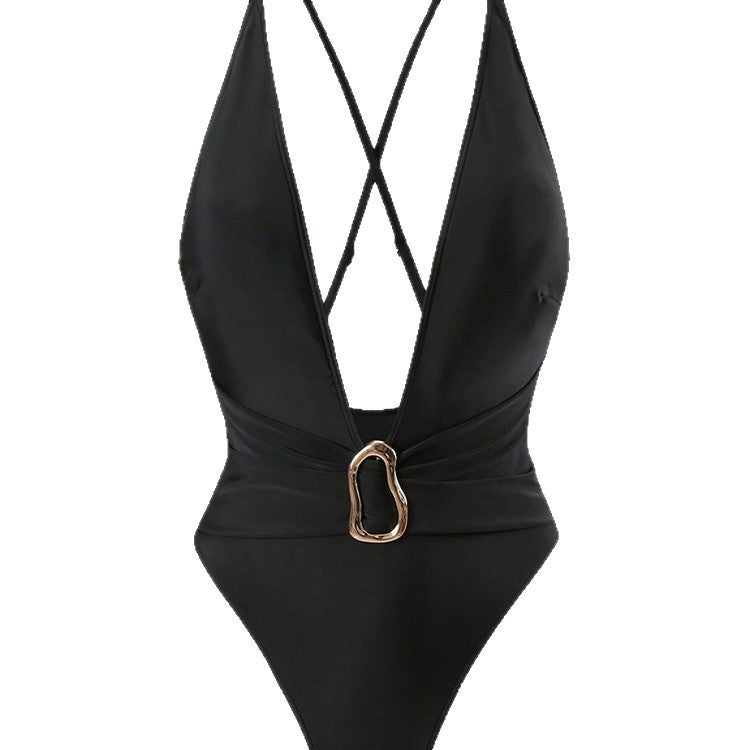 Women's one-piece swimsuit with deep V-neckline and elegant decorative element StylebySassy