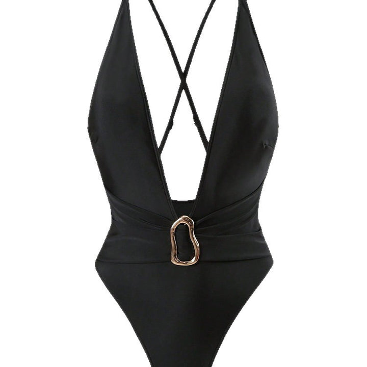 Women's one-piece swimsuit with deep V-neckline and elegant decorative element StylebySassy