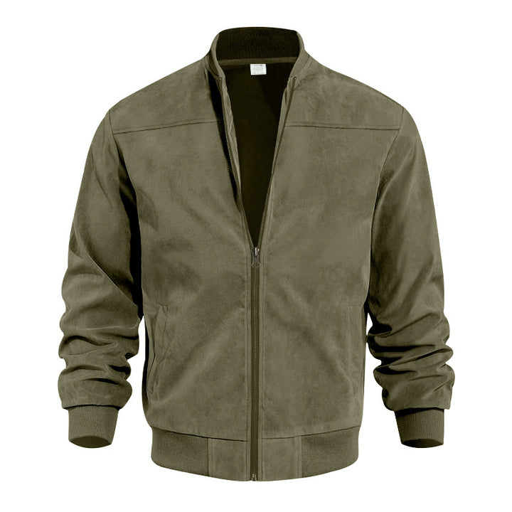Men's faux suede bomber jacket with stand-up collar, ribbed cuffs, and side pockets StylebySassy
