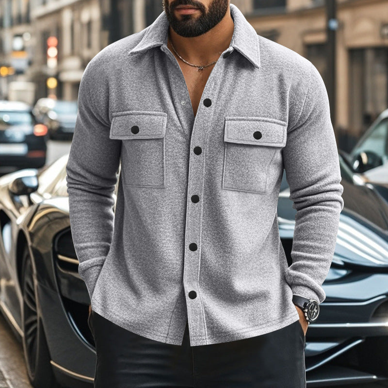 Men's fashionable overshirt jacket in felt look with patch breast pockets and visible snap button placket StylebySassy