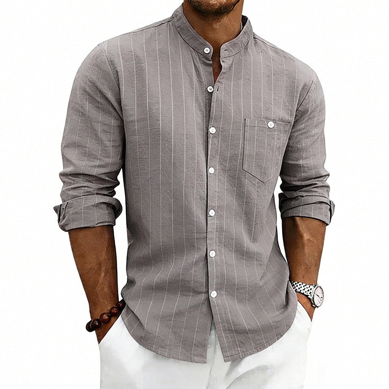Men's breathable pinstripe long-sleeve shirt with stand collar, chest pocket, and rounded hem StylebySassy