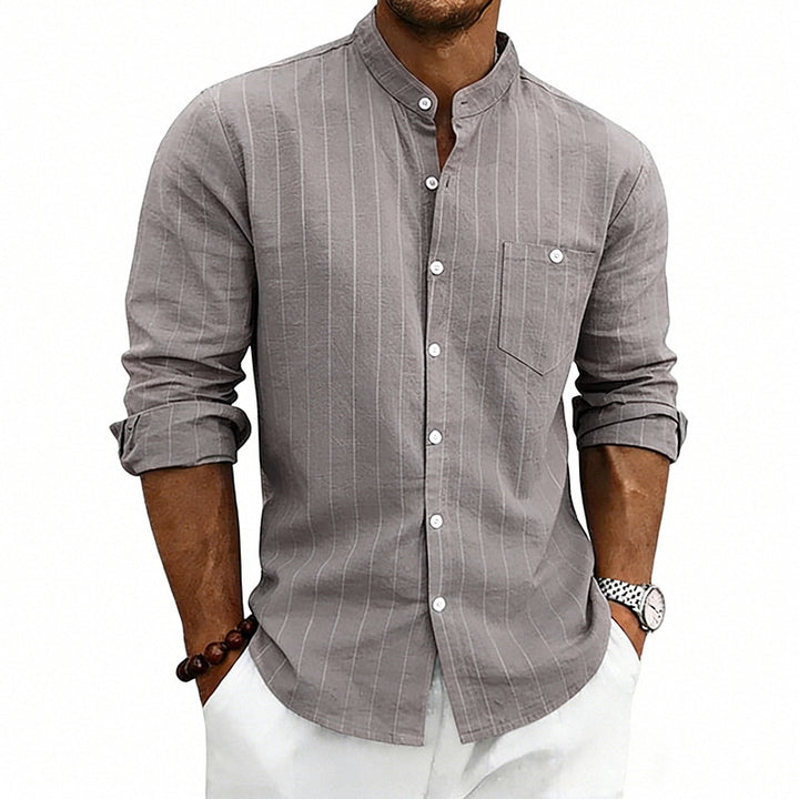 Men's breathable pinstripe long-sleeve shirt with stand collar, chest pocket, and rounded hem StylebySassy