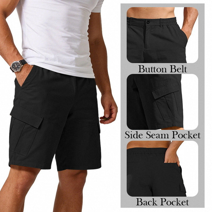 Men's button waistband Bermuda shorts with partially elastic back and applied flap pockets StylebySassy