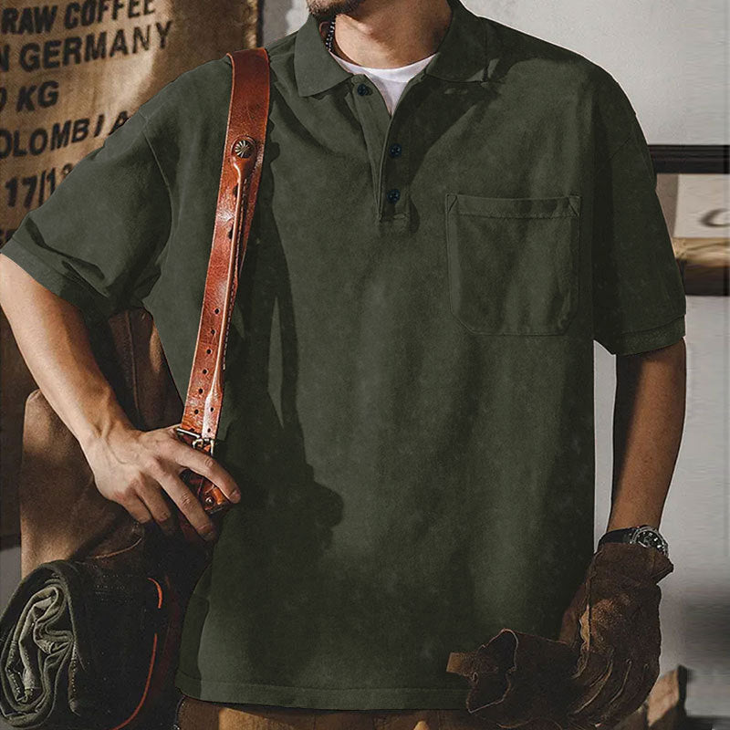 Men's loosely cut cotton polo shirt with a patch chest pocket and short button placket StylebySassy