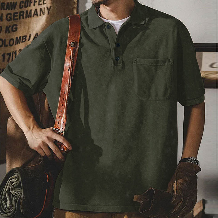 Men's loosely cut cotton polo shirt with a patch chest pocket and short button placket StylebySassy
