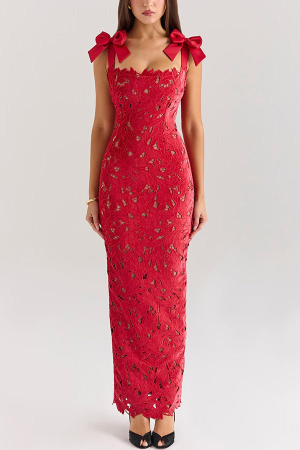 Women's form-fitting floor-length lace evening dress in column shape with decorative bow straps StylebySassy