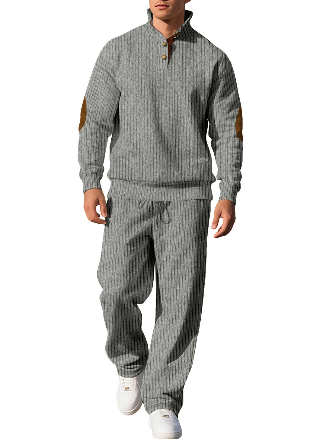 Men's fine ribbed sweater with half button placket, high stand-up collar, and contrasting suede elbow patches StylebySassy