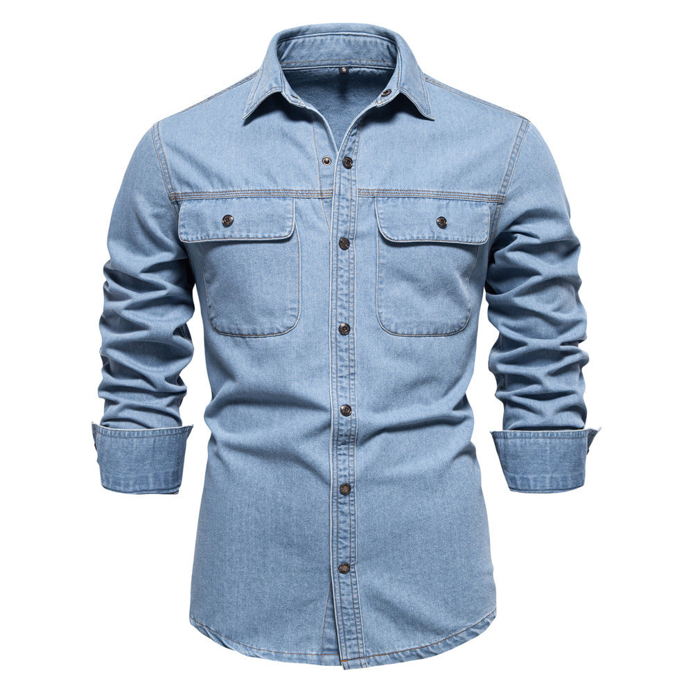 Men's light denim shirt with patch chest flap pockets and Kent collar StylebySassy