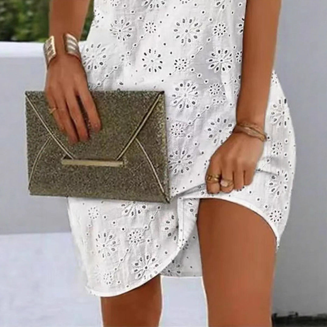 Ladies nan romantic lace embroidery summer dress with V-neck and tie shoulders StylebySassy