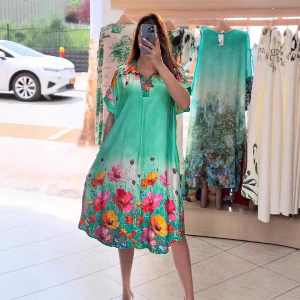 Women's lightweight shirt dress with floral border print, open V-neck and side pockets StylebySassy