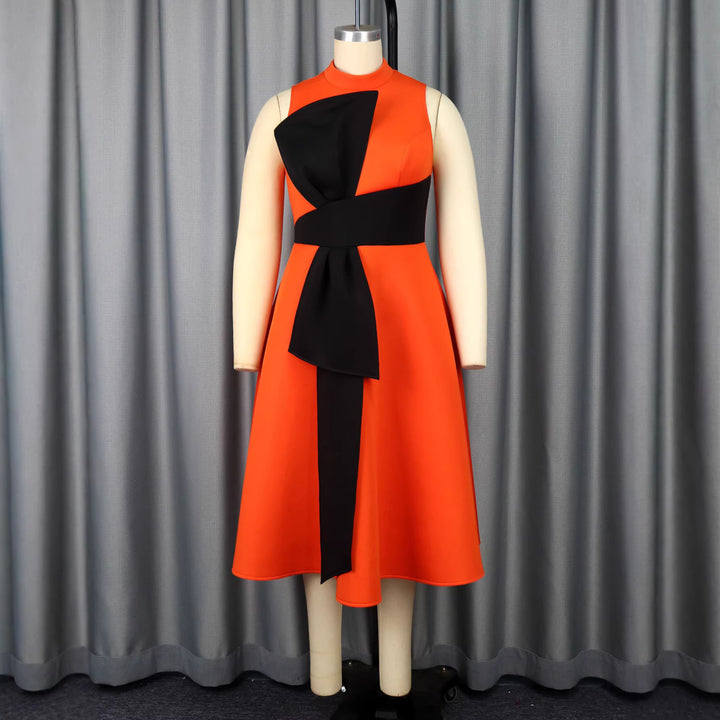 Women Elegant Midi Dress with Asymmetrical Cut and Voluminous Bow Accent