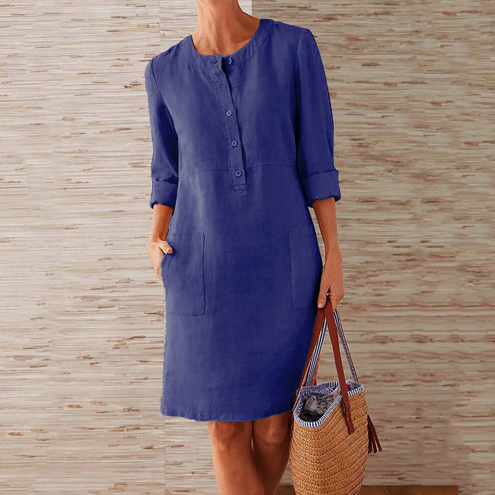 Women’s Lightweight Linen Dress with Practical Pockets and Trendy Button Design StylebySassy