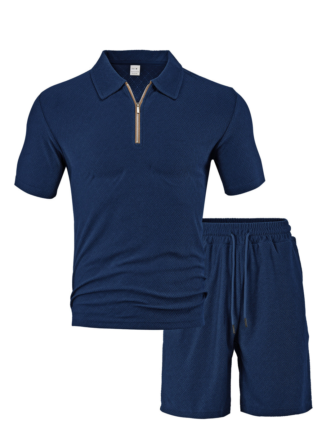 Men's comfortable short sleeve half zip set with polo collar and elastic cord pants made of textured knit StylebySassy
