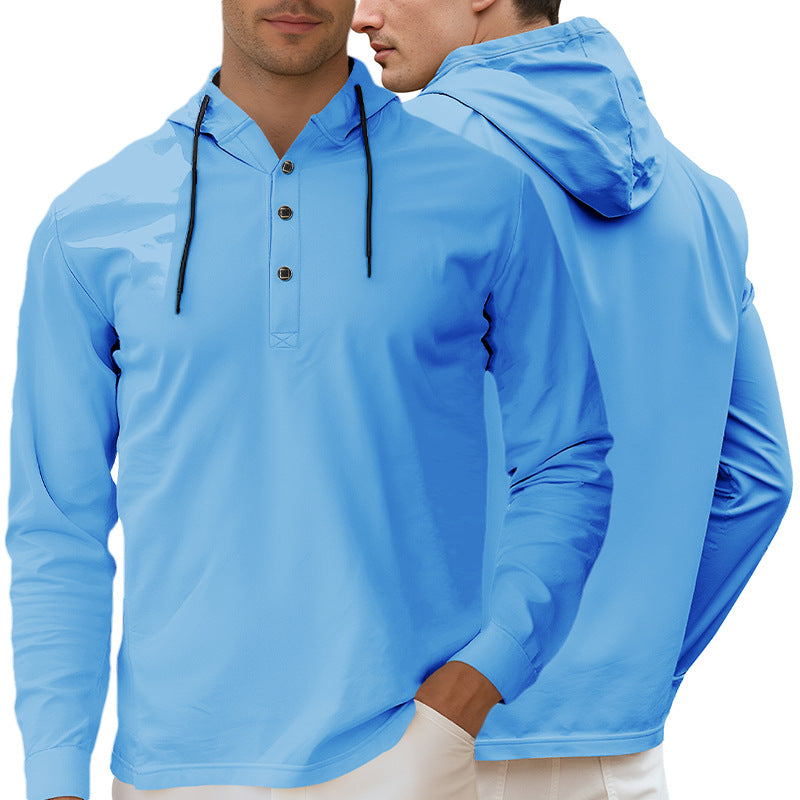Men's Hooded Henley Long Sleeve Shirt made of lightweight stretch jersey with drawstring StylebySassy