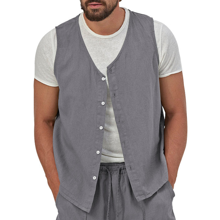 Men's casual sleeveless shirt waistcoat made of linen-cotton blend with V-neck and full button placket StylebySassy