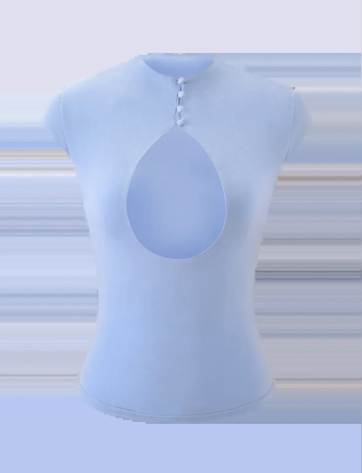 Women's fitted top with innovative drop neckline and button details StylebySassy