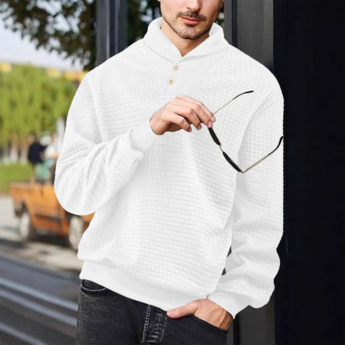 Men's elegant knitted pullover with shawl collar, button placket at neckline and check waffle texture StylebySassy