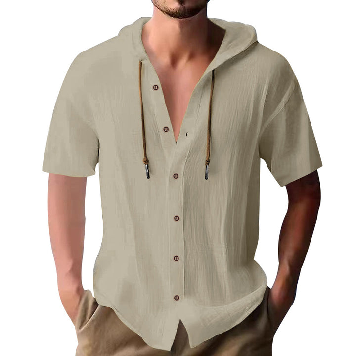 Men's lightweight short-sleeve hooded shirt with button placket and breathable cotton blend StylebySassy