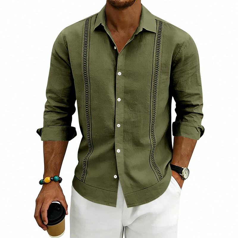 Men's casual linen blend shirt with vertical decorative stripes, Kent collar and relaxed fit StylebySassy