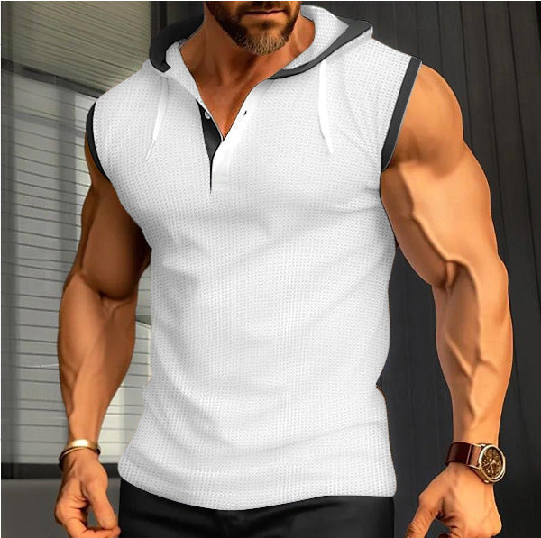 Men's Sleeveless Hooded Henley Muscle Shirt with Mesh Structure and Body-Hugging Fit StylebySassy