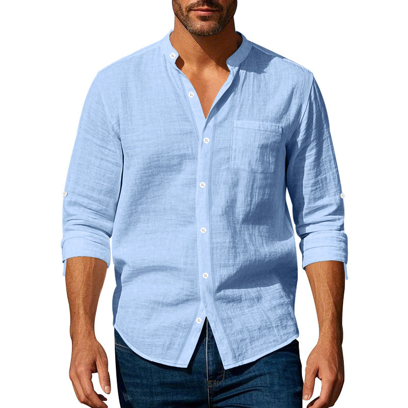 Men's linen-cotton shirt with stand-up collar, roll-up sleeves, and chest pocket StylebySassy
