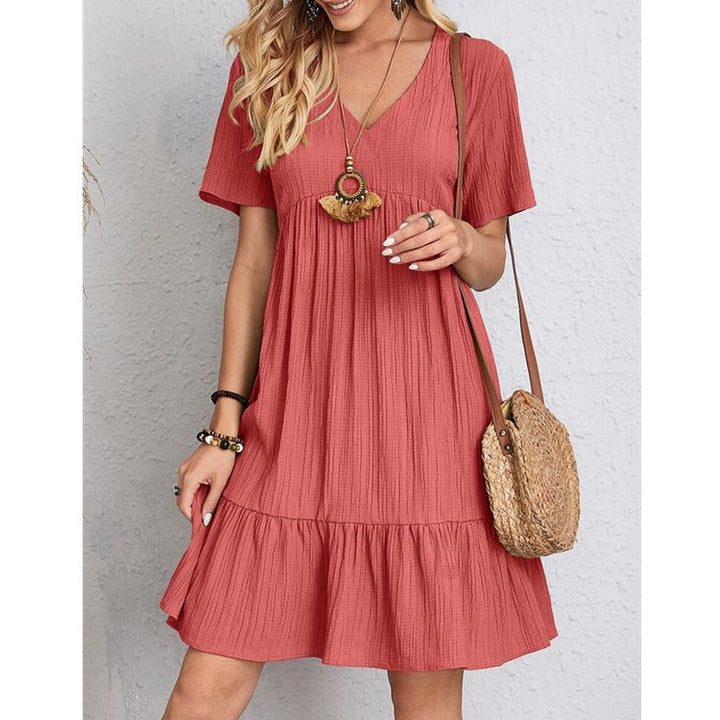 Ladies Nan Crepe Short Dress with V-Neck, Gathered Empire Seam and Ruffled Hem StylebySassy