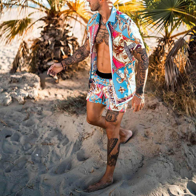 Men's short-sleeved shirt with baroque pattern and matching loose-fitting shorts StylebySassy