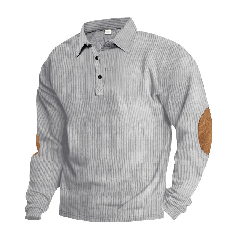 Men's heavy ribbed cotton polo sweater with Kent collar, triple button placket, and suede elbow patches StylebySassy