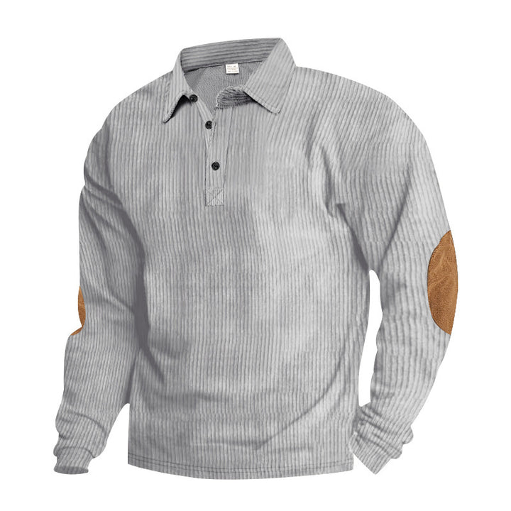Men's heavy ribbed cotton polo sweater with Kent collar, triple button placket, and suede elbow patches StylebySassy
