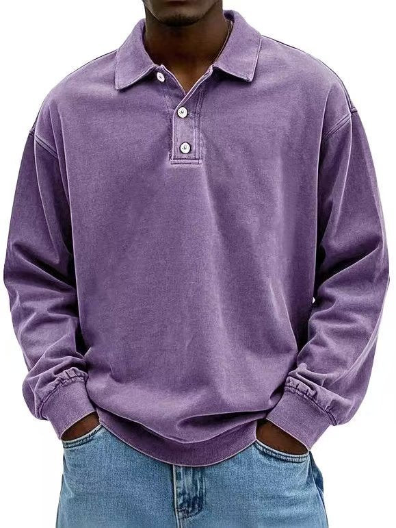 Men's casual polo shirt sweatshirt with collar, vintage wash and three-piece button placket StylebySassy