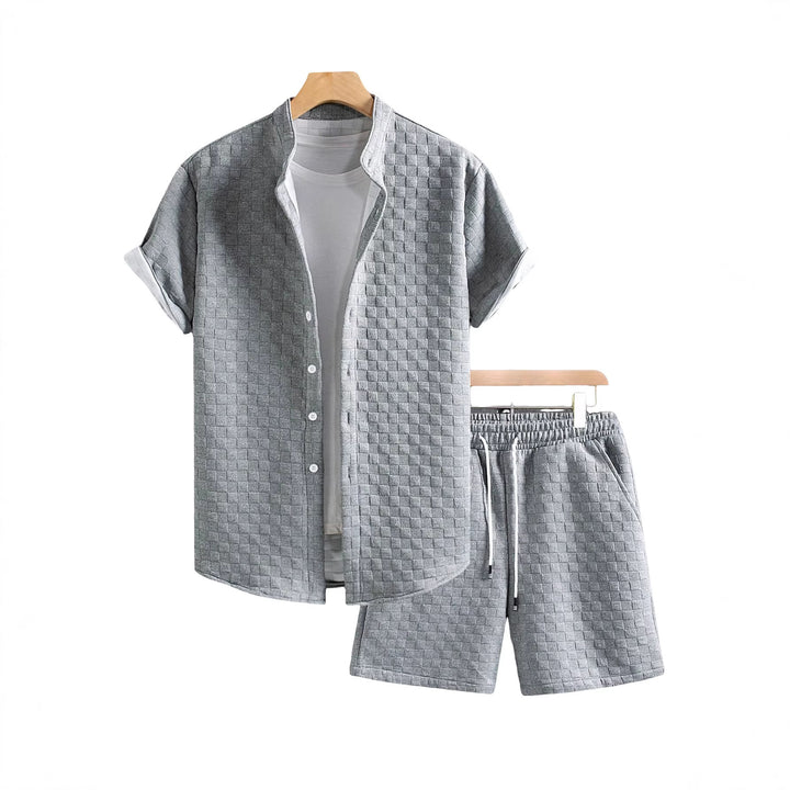 Men's two-piece summer ensemble with stand-up collar shirt jacket and elastic comfort shorts in embossed checked texture StylebySassy