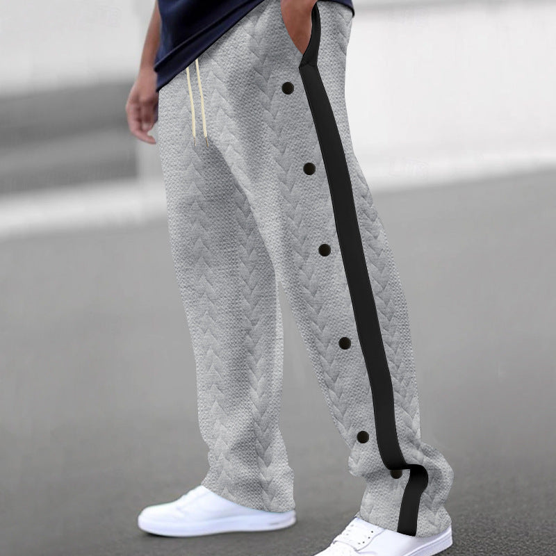 Men's quilted casual pants with continuous snap button placket and contrast stripes StylebySassy