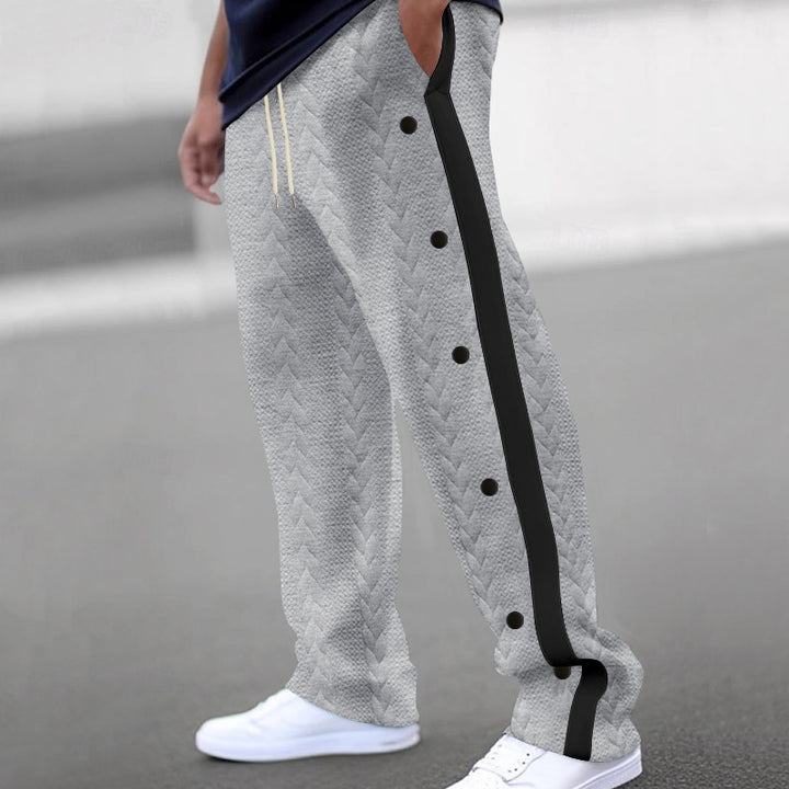 Men's quilted casual pants with continuous snap button placket and contrast stripes StylebySassy