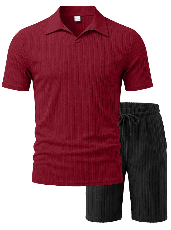Men's knit lounge ensemble with polo collar V-insert and drawstring bermudas StylebySassy